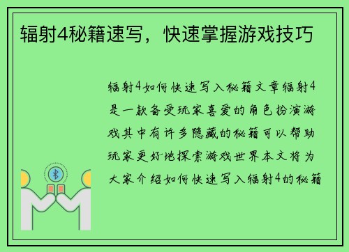 辐射4秘籍速写，快速掌握游戏技巧